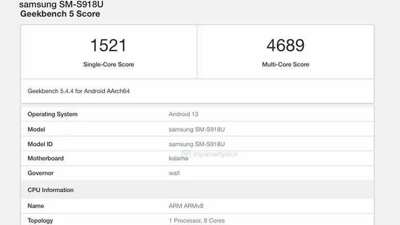 Запись в базе данных Geekbench о Snapdragon 8 Gen 2 в Samsung Galaxy S23 Ultra