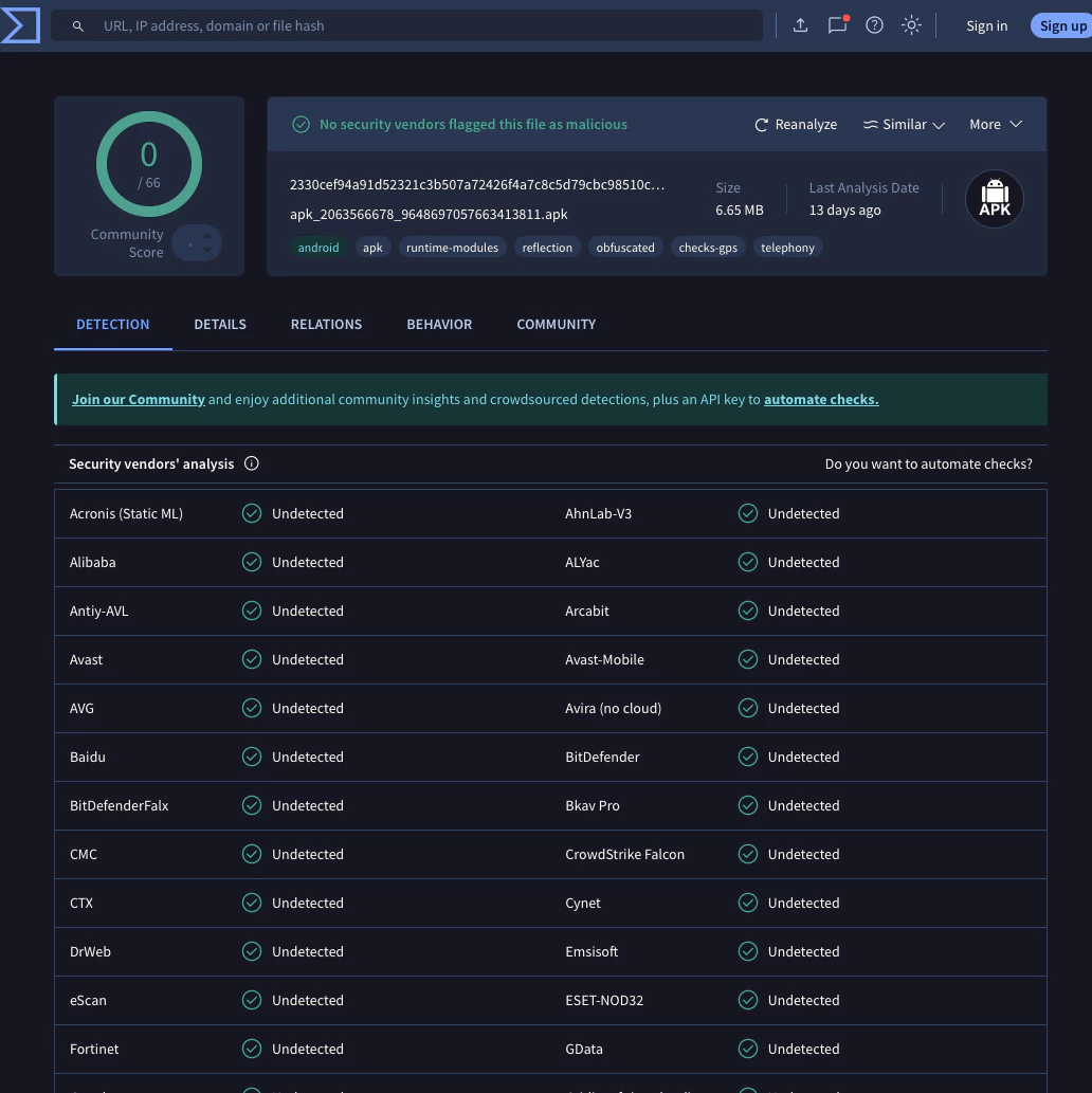 проверка APK на вирусы через VirusTotal 2025