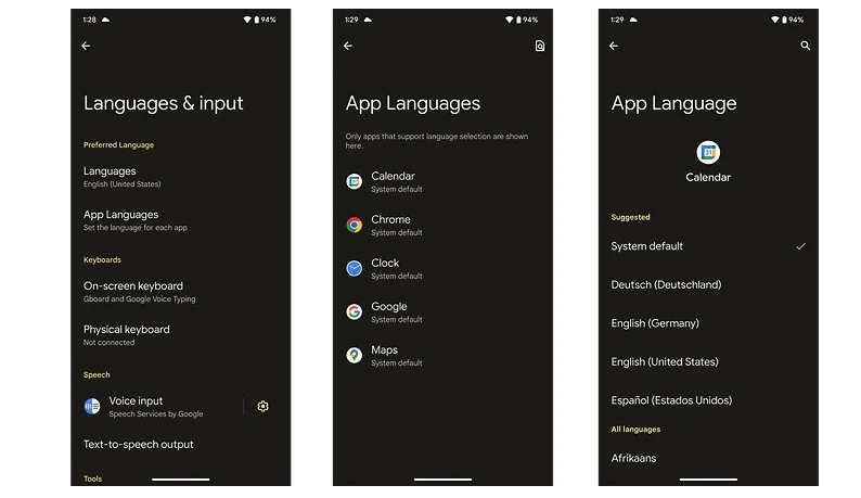 В Android 14 язык можно изменить для каждого приложения.