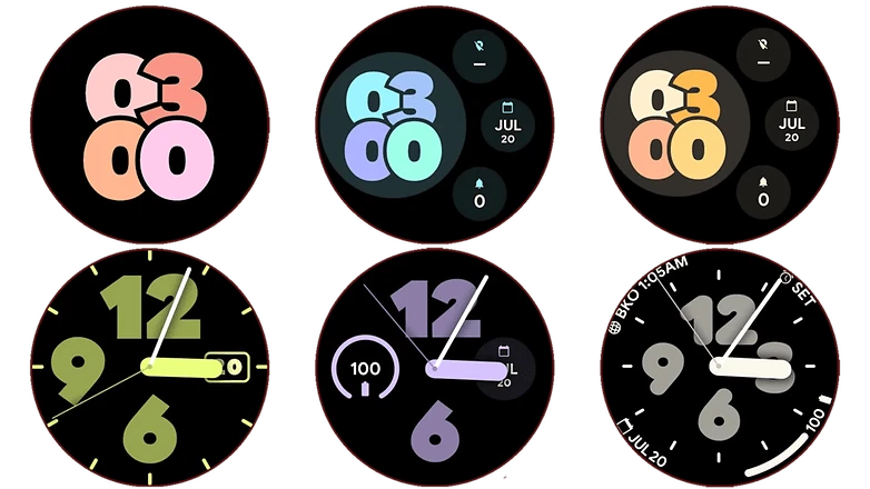 Новые циферблаты Google Pixel Watch 2: жирный цифровой (верхний ряд) и полужирный аналоговый (нижний ряд). / © Android Authority