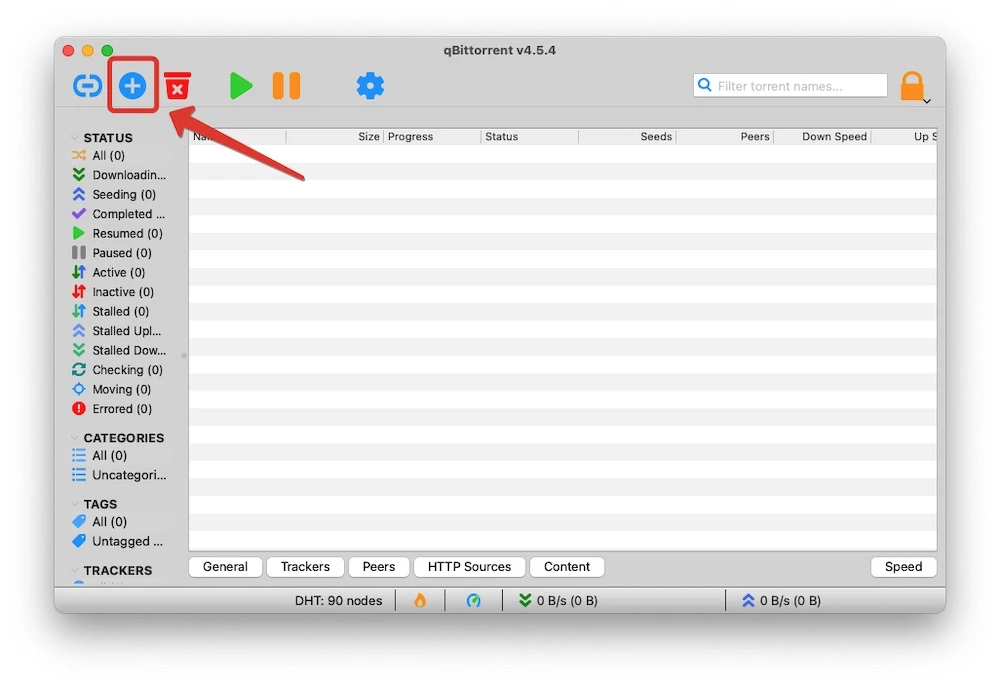 Откройте qBittorrent и выберите «Добавить торрент-файл» в меню «Файл» или щелкните значок.