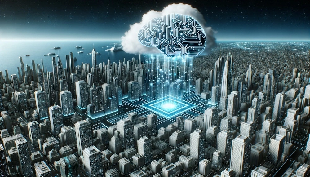 DALL·E 2023-10-06 12.38.57 - Render of a futuristic cityscape where buildings have circuit patterns, and above the city, a cloud shaped like a brain emits digital data streams, re